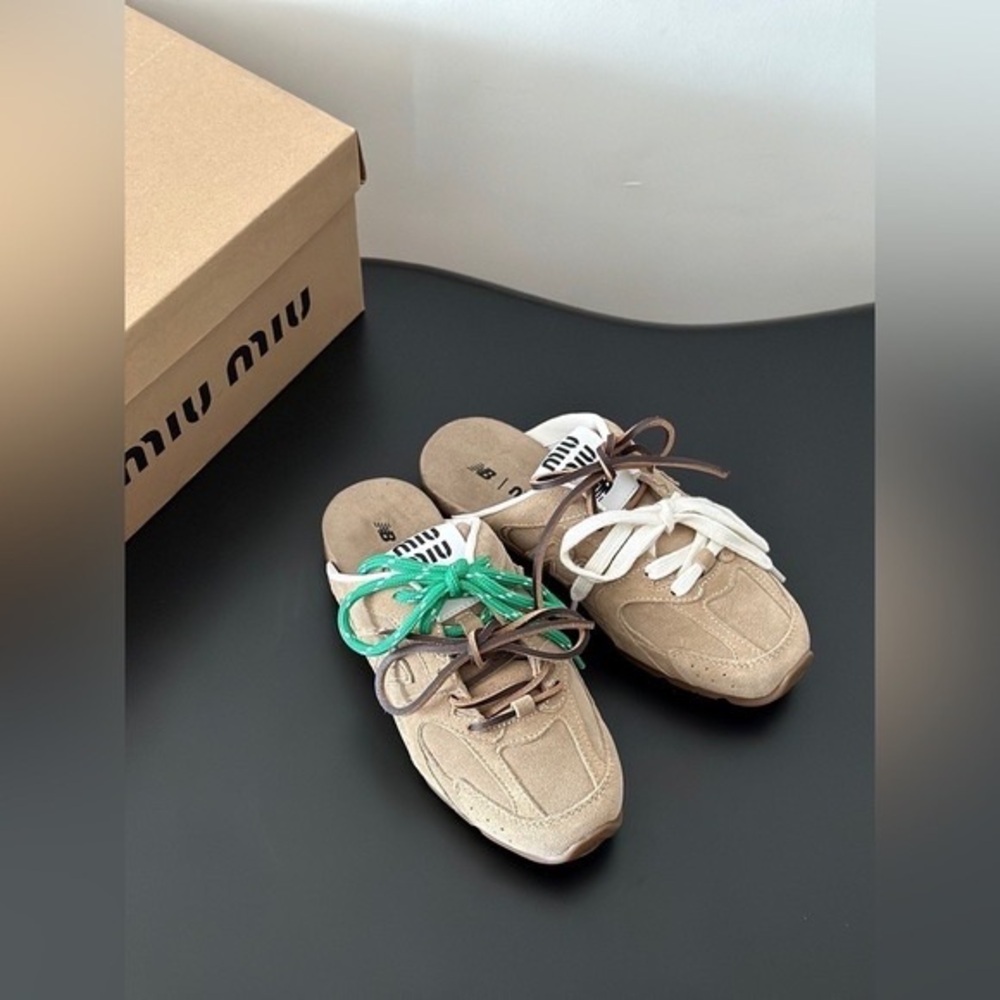 Miu Miu Tan and White Mules with Green Laces